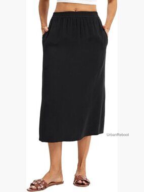Linen Blend Reversible Midi Skirt with Side Pockets and Slit Design